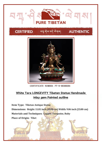 White Tara LONGEVITY Tibetan Statue Handmade inlay gem Painted outline