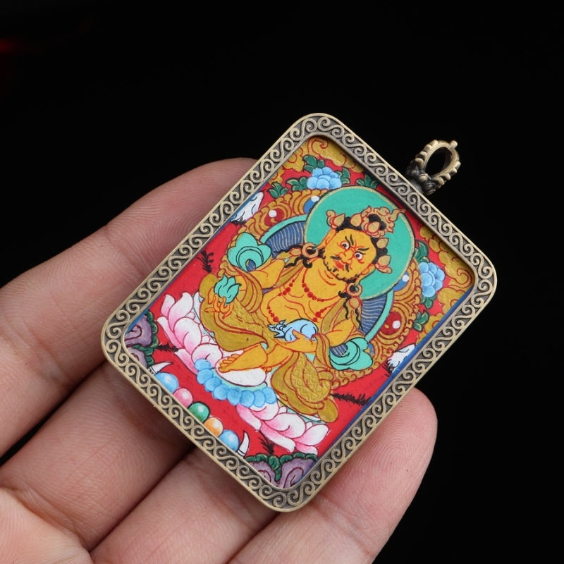 Yellow Jambhala Tibetan Thangka Pendant with Eight Auspicious Tibetan Signs Shell