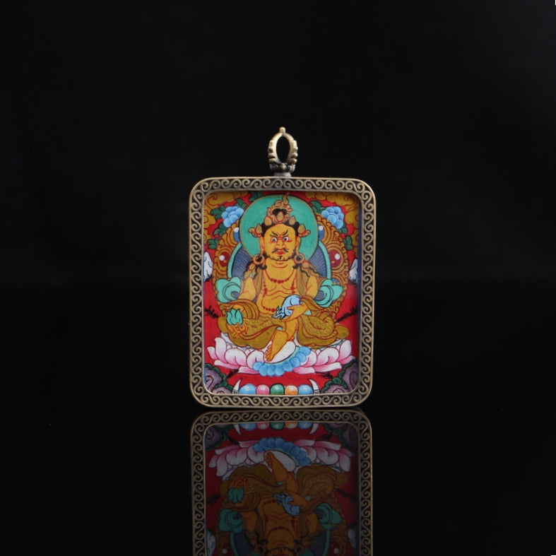 Yellow Jambhala Tibetan Thangka Pendant with Eight Auspicious Tibetan Signs Shell