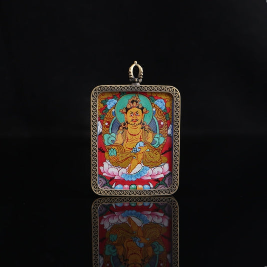 Yellow Jambhala Tibetan Thangka Pendant with Eight Auspicious Tibetan Signs Shell