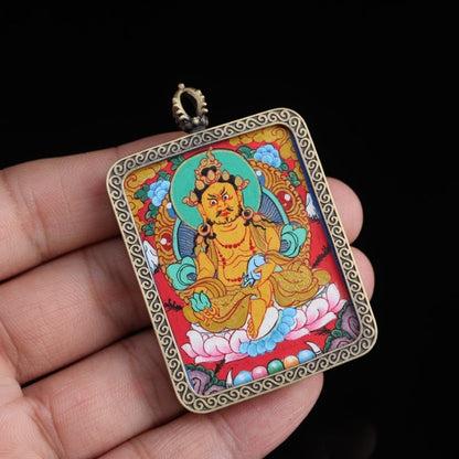 Yellow Jambhala Tibetan Thangka Pendant with Eight Auspicious Tibetan Signs Shell