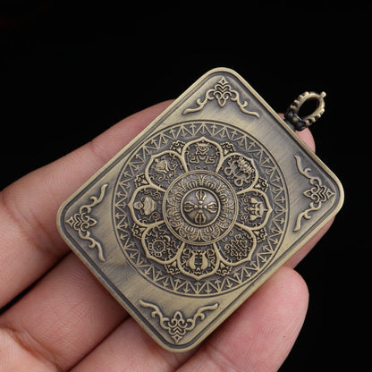 Yellow Jambhala Tibetan Thangka Pendant with Eight Auspicious Tibetan Signs Shell