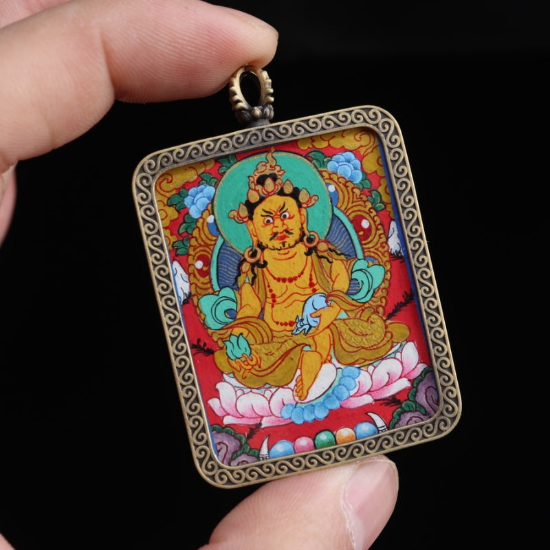 Yellow Jambhala Tibetan Thangka Pendant with Eight Auspicious Tibetan Signs Shell