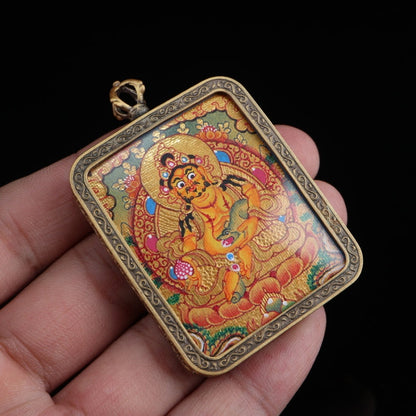 Yellow Jambhala Tibetan Thangka Pendant with Vajra Shell