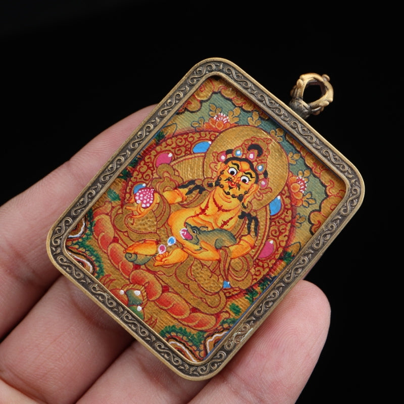 Yellow Jambhala Tibetan Thangka Pendant with Vajra Shell