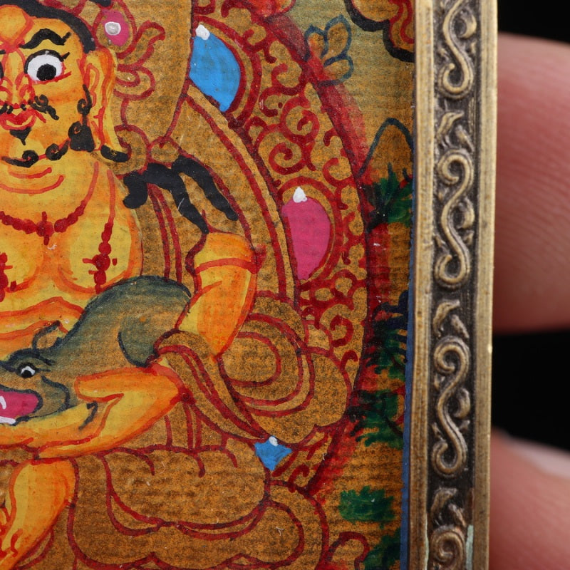 Yellow Jambhala Tibetan Thangka Pendant with Vajra Shell