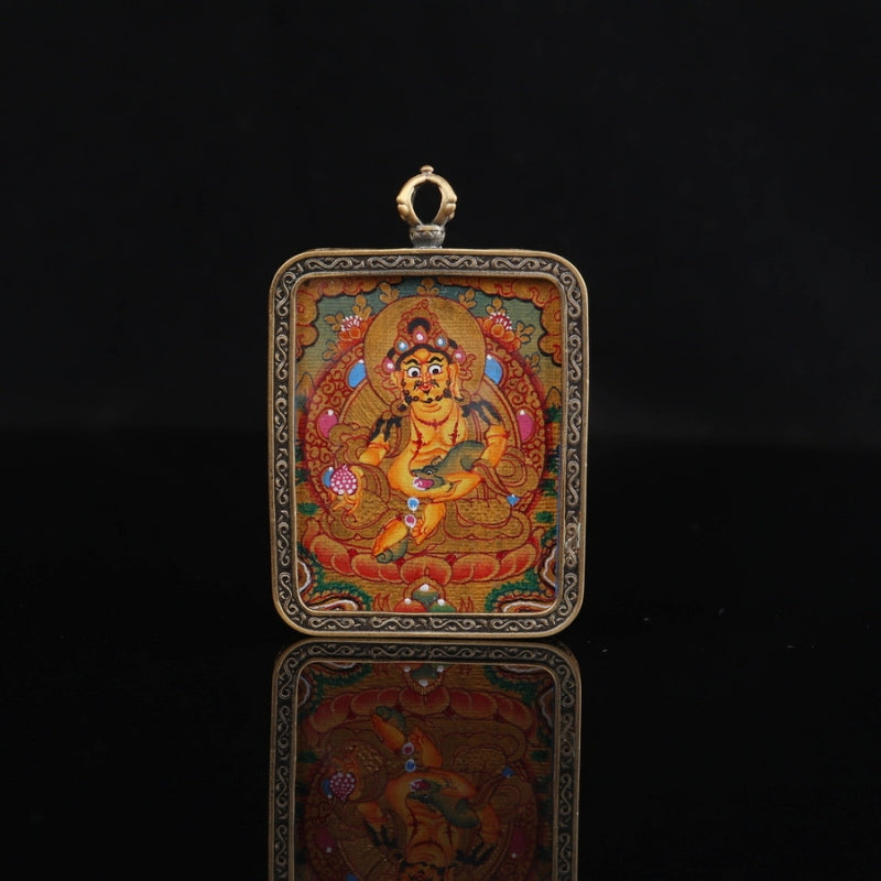 Yellow Jambhala Tibetan Thangka Pendant with Vajra Shell