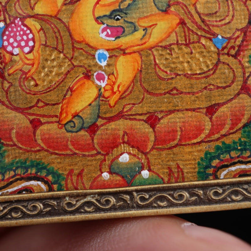 Yellow Jambhala Tibetan Thangka Pendant with Vajra Shell