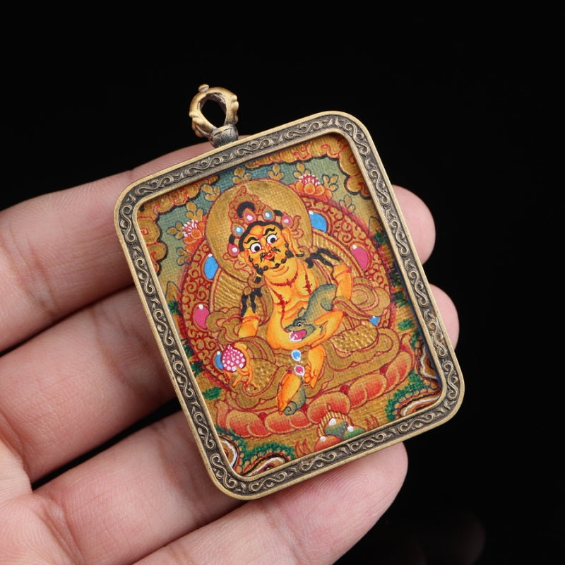 Yellow Jambhala Tibetan Thangka Pendant with Vajra Shell