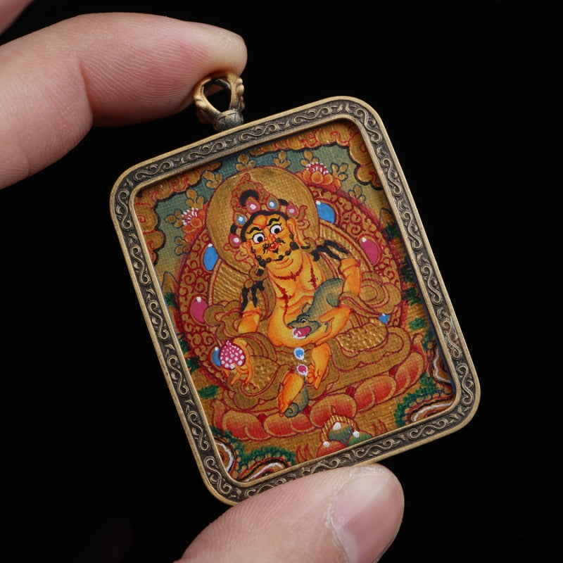 Yellow Jambhala Tibetan Thangka Pendant with Vajra Shell