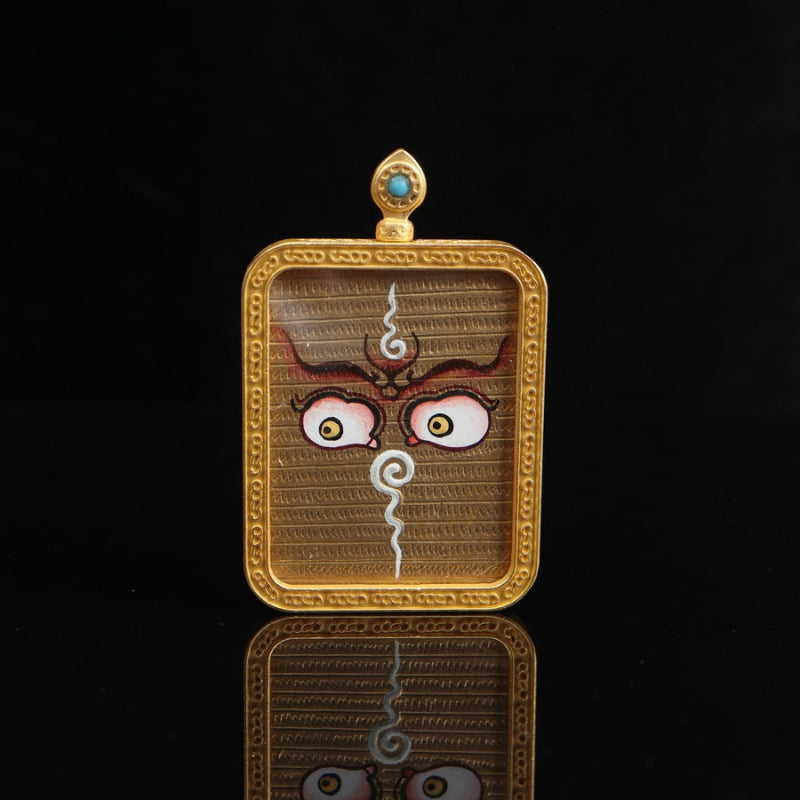 Yellow Jambhala and Prajnaparamita Eye Tibetan Thangka Pendant