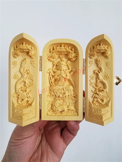 Yuanming doum Tianzun boxwood fine carving three open shrine / Doumu Yuanjun,  Exquisite Taoist articles