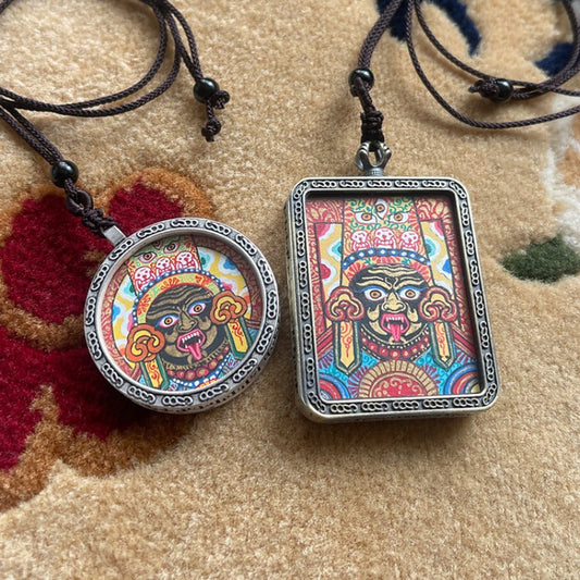 Zhajilamu (Shakyamuni Buddha) Hand-painted Tibetan Thangka Pendant with “Om Ah Hum” and Protective Mantra Against Crossing Over inside