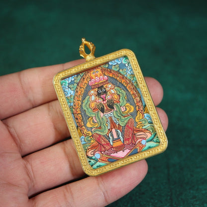 Zhajilamu (Shakyamuni Buddha) Tibetan Thangka Pendant with Gold Outlines