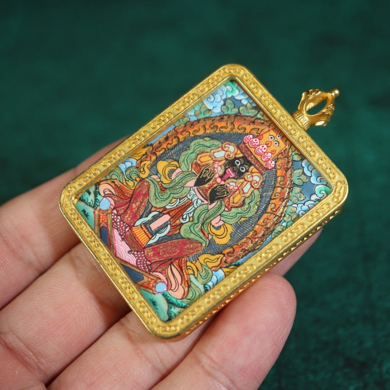 Zhajilamu (Shakyamuni Buddha) Tibetan Thangka Pendant with Gold Outlines