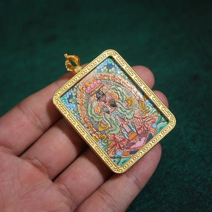 Zhajilamu (Shakyamuni Buddha) Tibetan Thangka Pendant with Gold Outlines