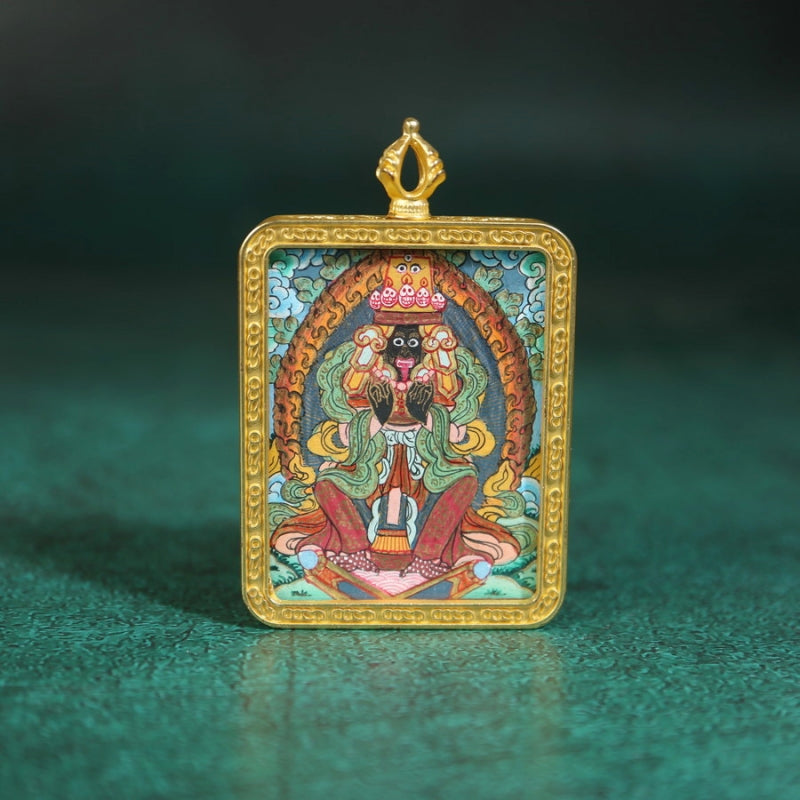 Zhajilamu (Shakyamuni Buddha) Tibetan Thangka Pendant with Gold Outlines