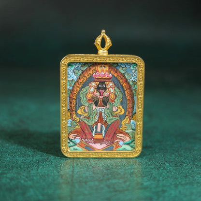 Zhajilamu (Shakyamuni Buddha) Tibetan Thangka Pendant with Gold Outlines